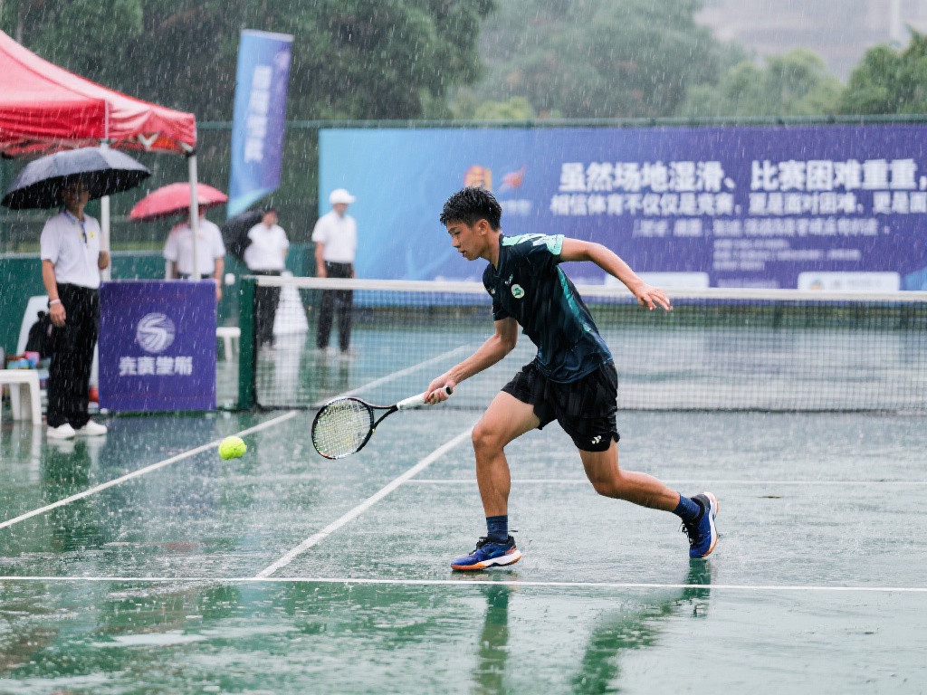 在雨水的侵袭中，赛场条件发生巨大变化。湿